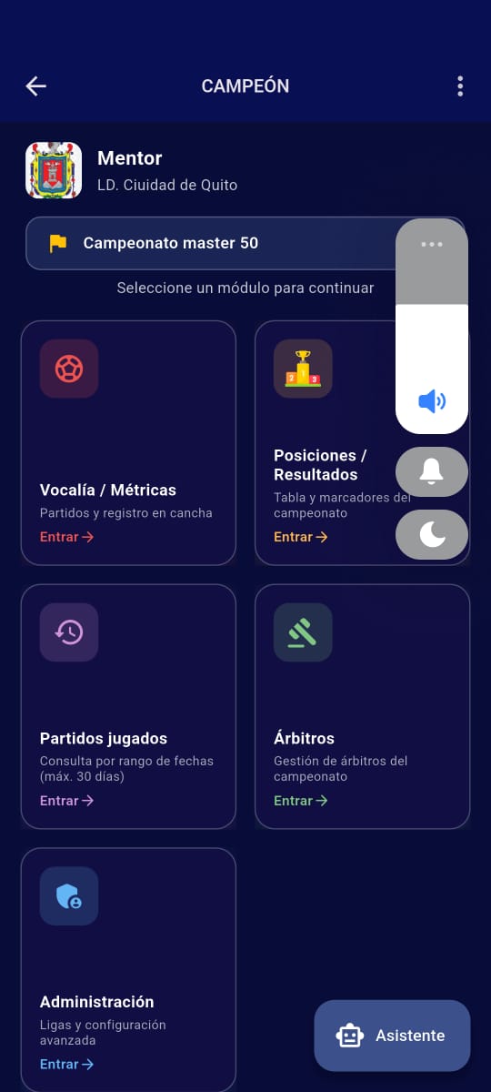 Menú principal de la APP Campeon