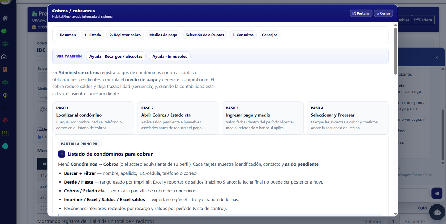 Guía integrada de cobros y cobranzas en HabitatPlus