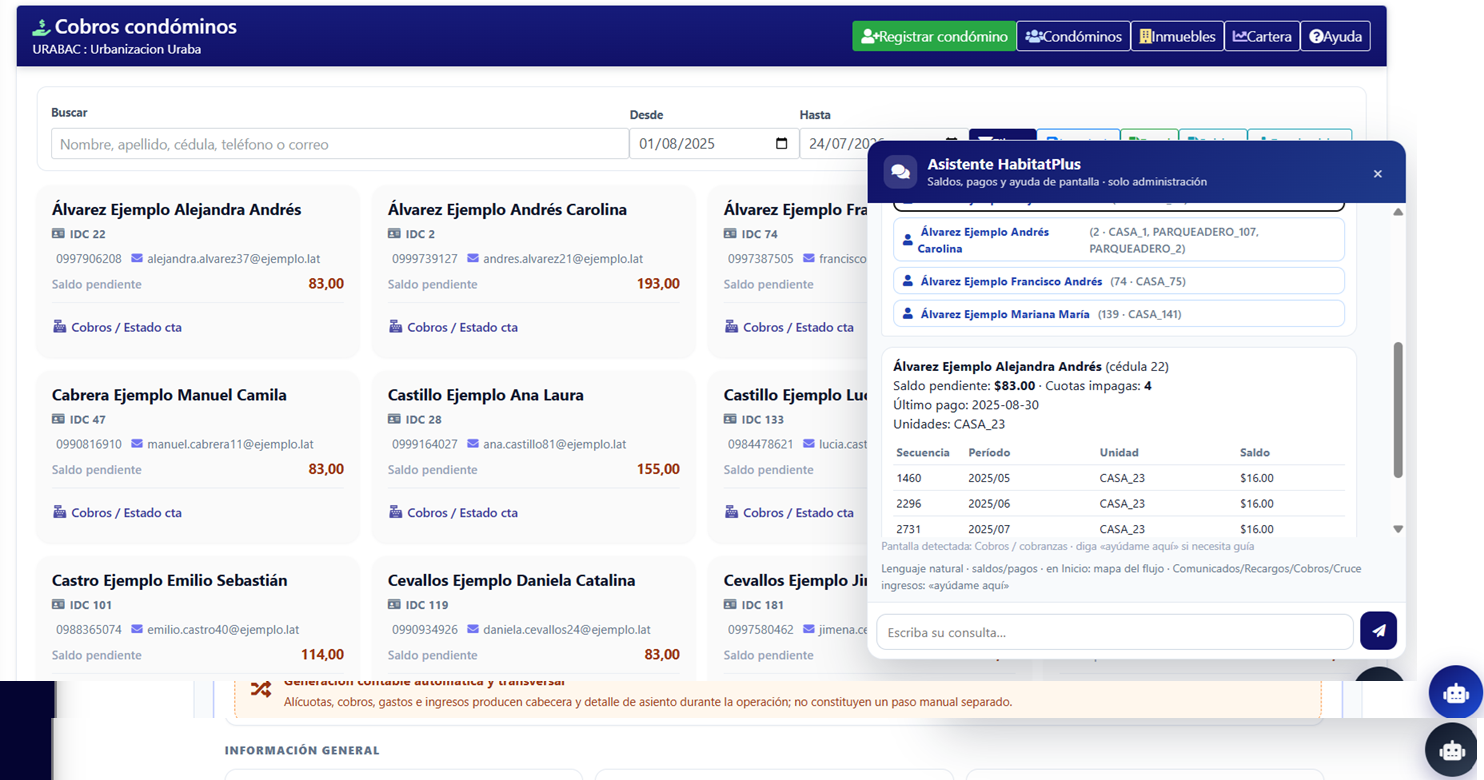 Asistente HabitatPlus consultando saldos de condóminos